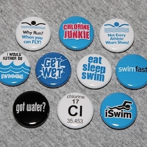 Swim Star Set of 10 Pinbacks Buttons Badges 1 inch Flatbacks or Magnets image 1