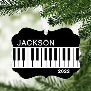 Piano Keyboard Christmas Aluminum Ornament - name and year - black and white - personalized customized keepsake gift for musician - B019