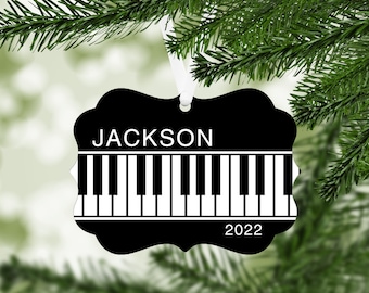 Piano Keyboard Christmas Aluminum Ornament - name and year - black and white - personalized customized keepsake gift for musician - B019