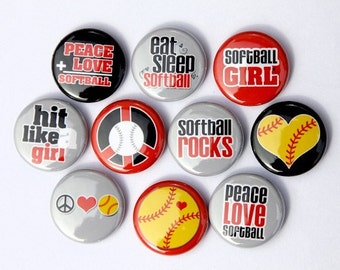 Softball Set of 10 Buttons Pinbacks Badges 1 inch - Flatbacks or Magnets