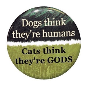 May include: A round button with a green and black background. The text on the button reads: "Dogs think they're humans. Cats think they're GODS."