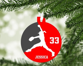 Girls Womens Softball Pitcher Silhouette Christmas Ornament - team colors - customized with name and number - C125 softball player