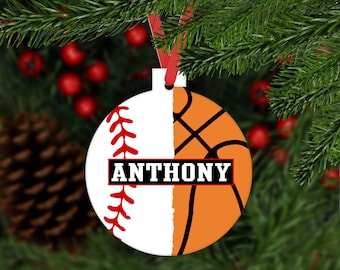 Baseball Basketball Christmas Ornament - 2 Sport Athlete - customized sports gift keepsake - C295