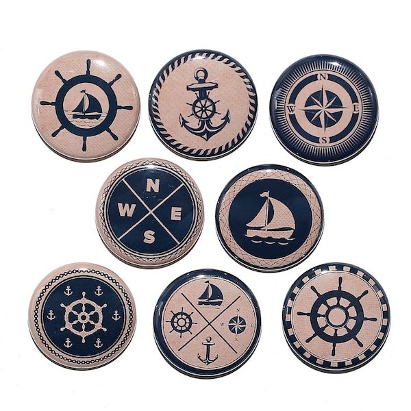 Nautical Vintage Look - Set of 8 Pinback Buttons Badges 1 inch - Flatbacks or Magnets