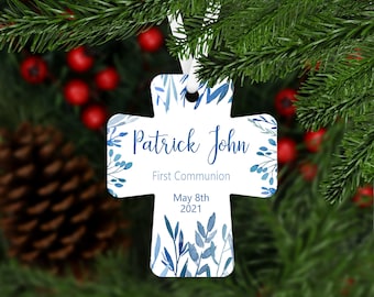 First Communion Christmas Ornament - blue foliage personalized keepsake gift - name and date - B007