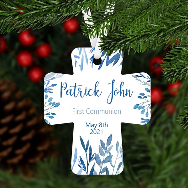 First Communion Christmas Ornament - blue foliage personalized keepsake gift - name and date - B007
