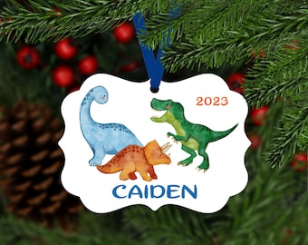 Dinosaur Christmas Ornament - Name and Year - Kids Boys Girls - Cute Customized Personalized Keepsake Gift - B041