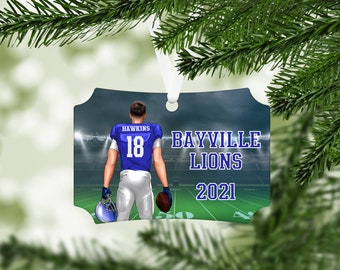 Football Player Christmas Ornament - team colors change hair skin tone - customized sports keepsake - B001