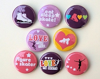 May include: Nine colorful round buttons with various designs related to figure skating. The buttons feature phrases like "Love the Ice", "Eat Sleep Skate", and "Figure Skater".
