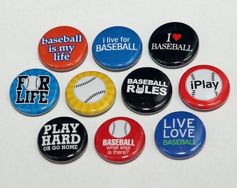 Baseball Set of 10 Pinbacks Buttons Badges 1 inch - Flatbacks or Magnets