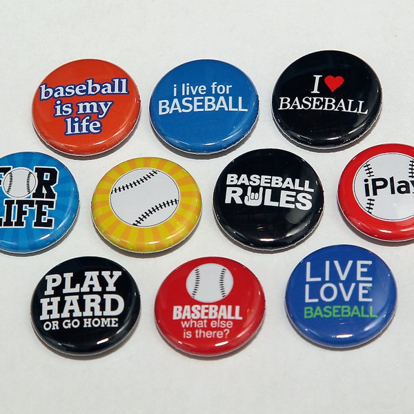 Baseball Set of 10 Pinbacks Buttons Badges 1 inch - Flatbacks or Magnets