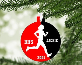 Track Runner Silhouette Christmas Ornament - team colors - customized - girls women running keepsake gift - C201