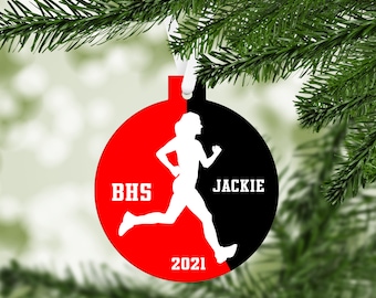 Track Runner Silhouette Christmas Ornament - team colors - customized - girls women running keepsake gift - C201