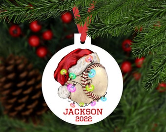 Santa Hat Baseball Christmas Ornament - personalized name and year - sports fan player keepsake gift - C310