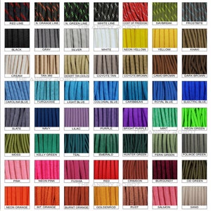 May include: A color chart of 550 paracord colors, organized in rows and columns. The chart includes a variety of colors, including red, blue, green, yellow, orange, brown, purple, pink, and black. The chart is labeled "The Angry Robot - 550 Paracord Color Chart - Page 1".