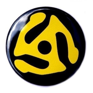 May include: A yellow and black vinyl record symbol on a black background. The symbol is a stylized representation of a record's grooves.