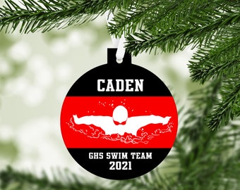 Swimmer Silhouette Christmas Ornament - butterfly - team colors - customized - boys men male swim swimming personalized senior gift - C208