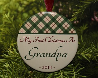 First Christmas As Grandpa Ornament - Green Tan Plaid - C020