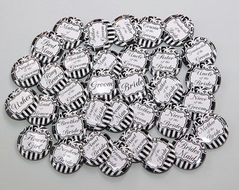 Wedding Bridal Party Custom Pinbacks - Black White Pattern - Buttons Badges 1 1/2 inch