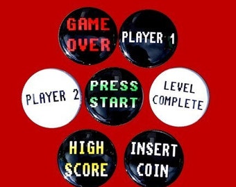 Retro Video Game Buttons Set of 7 Pinbacks Badges 1 inch