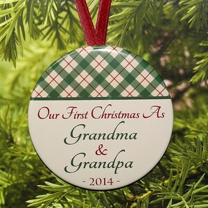 First Christmas As Grandma & Grandpa Ornament - Green Tan Plaid - C13