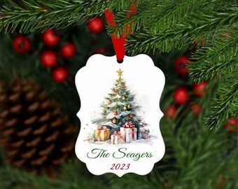 Christmas Tree Family Ornament Personalized with Name and Year - Customized Keepsake Gift - B033 - snow xmas tree presents