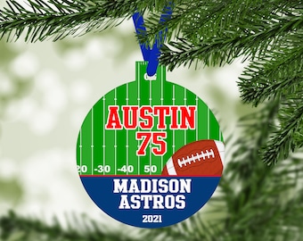 Football Player Field Christmas Ornament - team colors uniform number - customized personalized sports keepsake - C124