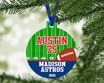 Football Player Field Christmas Ornament - team colors uniform number - customized sports keepsake - C124