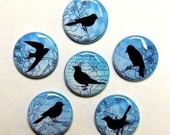 Blue Vintage Birds Set of 6 Buttons Pinbacks Badges 1 inch