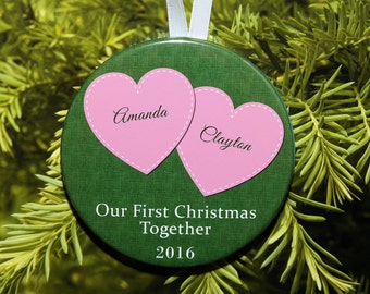 Our First Christmas Together Ornament - Hearts Pink and Green - customized with your names - C171