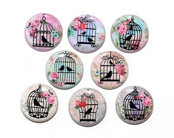 Flower Birdcages - Set of 8 Pinback Buttons Badges 1 inch bird cages