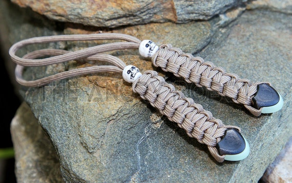 Set of 2 Coyote Tan Paracord Lanyards With Glow Ends and Skull Beads Zipper  Pulls 