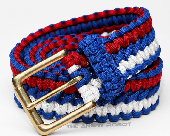 Paracord Belt Royal Blue Red and White With Matte Brass Buckle XS