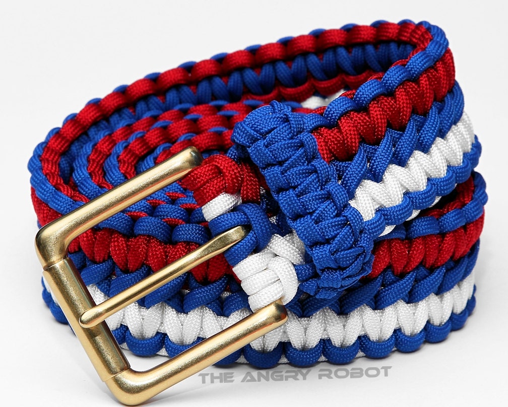 Paracord Belt Royal Blue Red and White - With Matte Brass Buckle