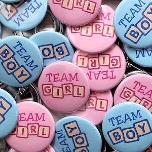 25 Baby Shower 1.5" Pinbacks - Team Boy Team Girl BLOCKS - Gender Reveal