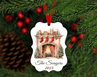 Christmas Fireplace Family Ornament Personalized with Name and Year - Customized Keepsake Gift - stockings xmas tree presents - B034