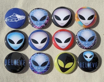 Alien Heads Set of 12 Buttons Pinbacks Badges 1 inch