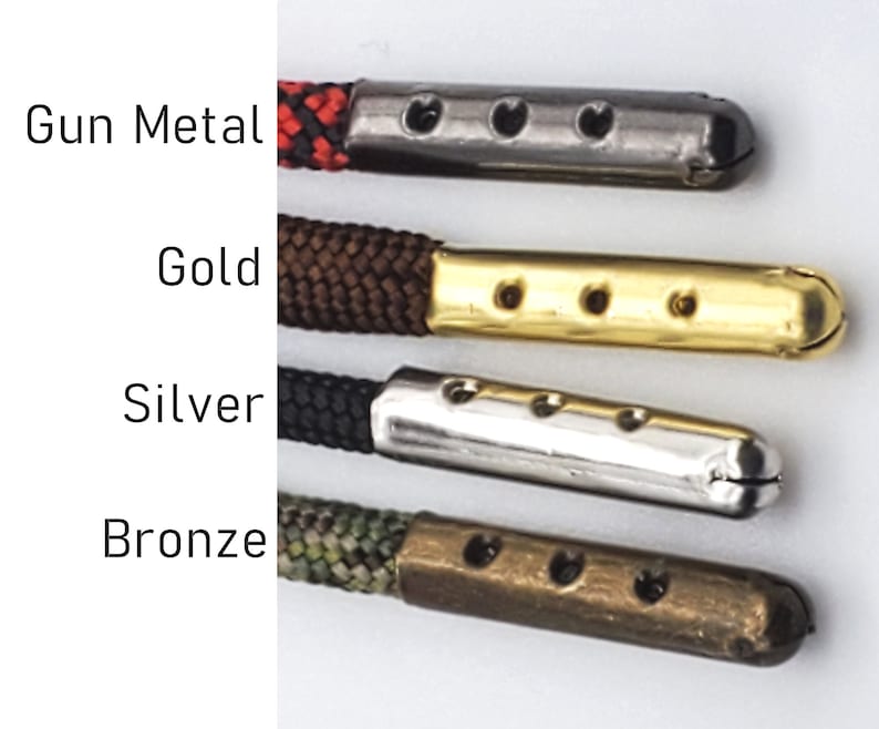 May include: Four different colored metal cord ends with four holes each. The cord ends are gun metal, gold, silver, and bronze.