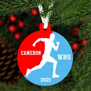 Male Track Runner Silhouette Christmas Ornament - team colors customized - boys men running sprinter keepsake gift - C299