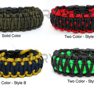 Puede incluir: Cuatro pulseras de paracord en diferentes combinaciones de colores. Las pulseras est&aacute;n hechas con una hebilla negra y est&aacute;n disponibles en verde s&oacute;lido, rojo y negro, amarillo y negro, y verde y negro.