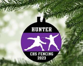 Fencing Silhouette Christmas Ornament - team colors - customized - team sports high school senior keepsake gift - C313