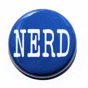 May include: A blue button with the word "NERD" in white letters.