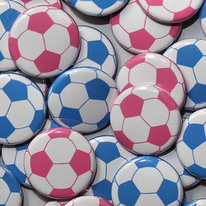 50 Baby Shower 1" Pinbacks - Pink Blue SOCCER BALLS - Gender Reveal Party Favors