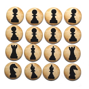 Chess Pieces Gold Set of 16 - Pinbacks Buttons Badges 1 inch - Flatbacks or Magnets