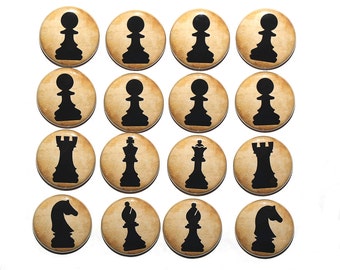 Juego de 16 piezas de ajedrez doradas - Insignias de 2,5 cm (1 pulgada) - Con base plana o imanes