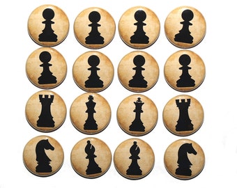 Chess Pieces Gold Set of 16 - Pinbacks Buttons Badges 1 inch - Flatbacks or Magnets