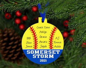 Softball Team Coach Christmas Ornament (up to 15 kids) - Team Colors customized sports keepsake gift - C030