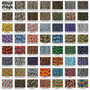 May include: A chart showing 50 different paracord color combinations. The chart is titled "The Angry Robot 550 Paracord Color Chart - Page 2". Each color combination is labeled with a name, such as "Blue Camo", "Red Camo", "Green Camo", and "Purple Camo".