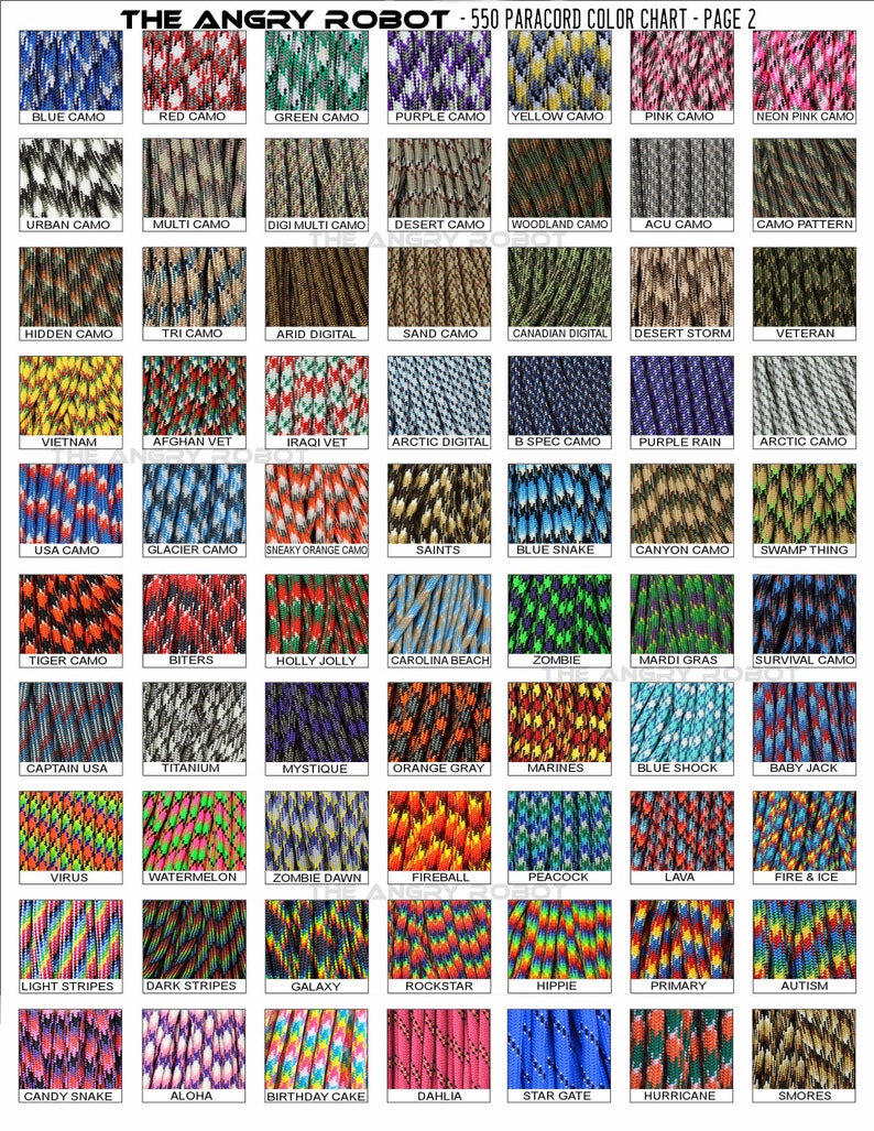 May include: A chart showing 50 different paracord color combinations. The chart is titled "The Angry Robot 550 Paracord Color Chart - Page 2". Each color combination is labeled with a name, such as "Blue Camo", "Red Camo", "Green Camo", and "Purple Camo".