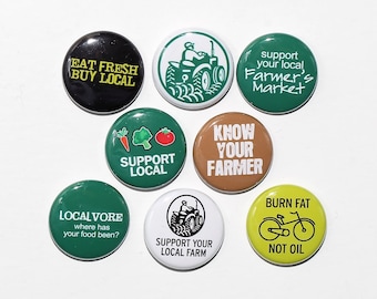 Farmers Market - Set of 8 Pinback Buttons Badges 1 inch - Flatbacks or Magnets